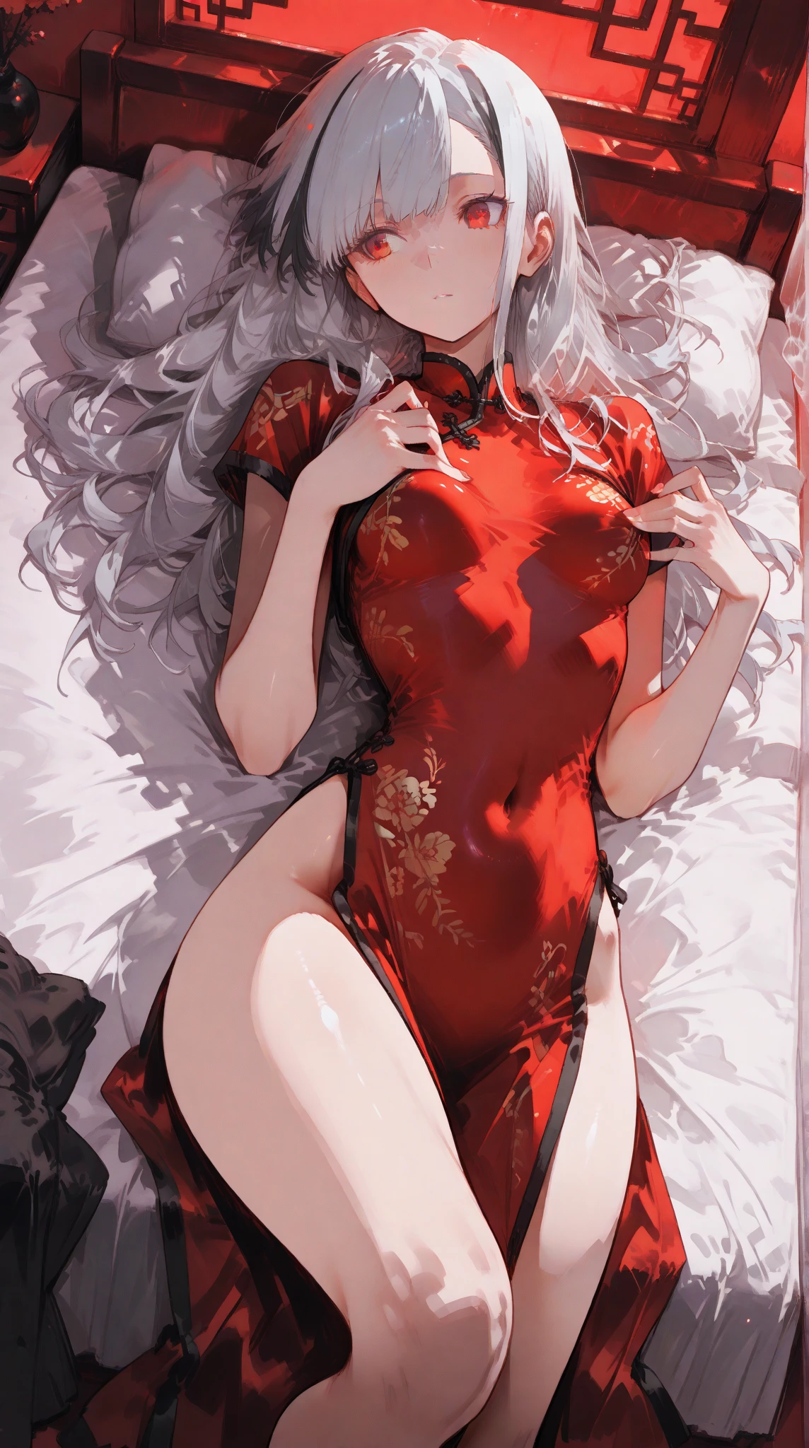 milf and elf,long twintails hair,feet,bedroom,on bed,hair bow,blinds,blush,embarrassed,tears,hairband,thighhighs,arm support,from_above,(curvy:1.3),,sexy dress,(floral print),Long white dressï¼ ï¼ ï¼sexy dress,(floral print), china dress,