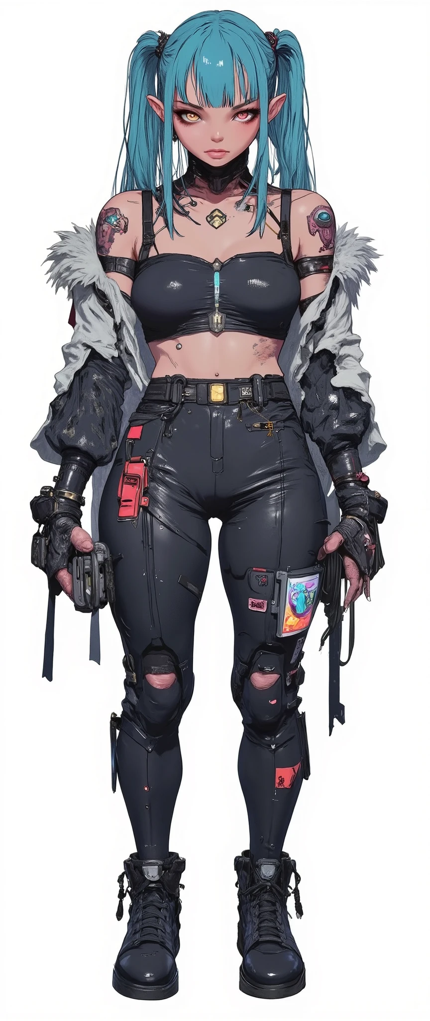 masterpiece, latest, very aesthetic, A very beautiful 28 year old adult woman, sexy body, mixed race oriental, oriental features, straight hair with two side bangs on the face, cyberpunk style, blue hair and medium length, she is wearing post-apocalyptic cyberpunk style clothes, black clothes with red details, "Assassins Creed" style, she has military accessories on her legs, couldres, with some futuristic accessories, steampunk clothes, dark fantasy clothes, [[she is wearing combat boots]], she has BLUE hair, with anime features similar to the anime 'Vampire Hunter D Bloodlust', , rossdraws 2.0, rossdraws 1.0, high quality image, adult style anime, reminiscent of 90's anime. 3 tones, 90's anime colors, defined and striking features, serious look, high resolution, 3 color tones, cell tone, high contrast, no gradient, FRONT VIEW [[[ SHE IS FRONT]]] , [[Full body]] [[Image showing her entire body from head to toe]] [[Full body]]] , masterpiece, high resolution, anatomically correct, high quality, anime style drawing 'Fatal Fury', anime style drawing 'blade&soul'. anime lines, rendered in the style of the anime 'Vampire hunter D' [[White background]] [[The image is a character presentation, it shows her from the front and also from the side in the same image]]
