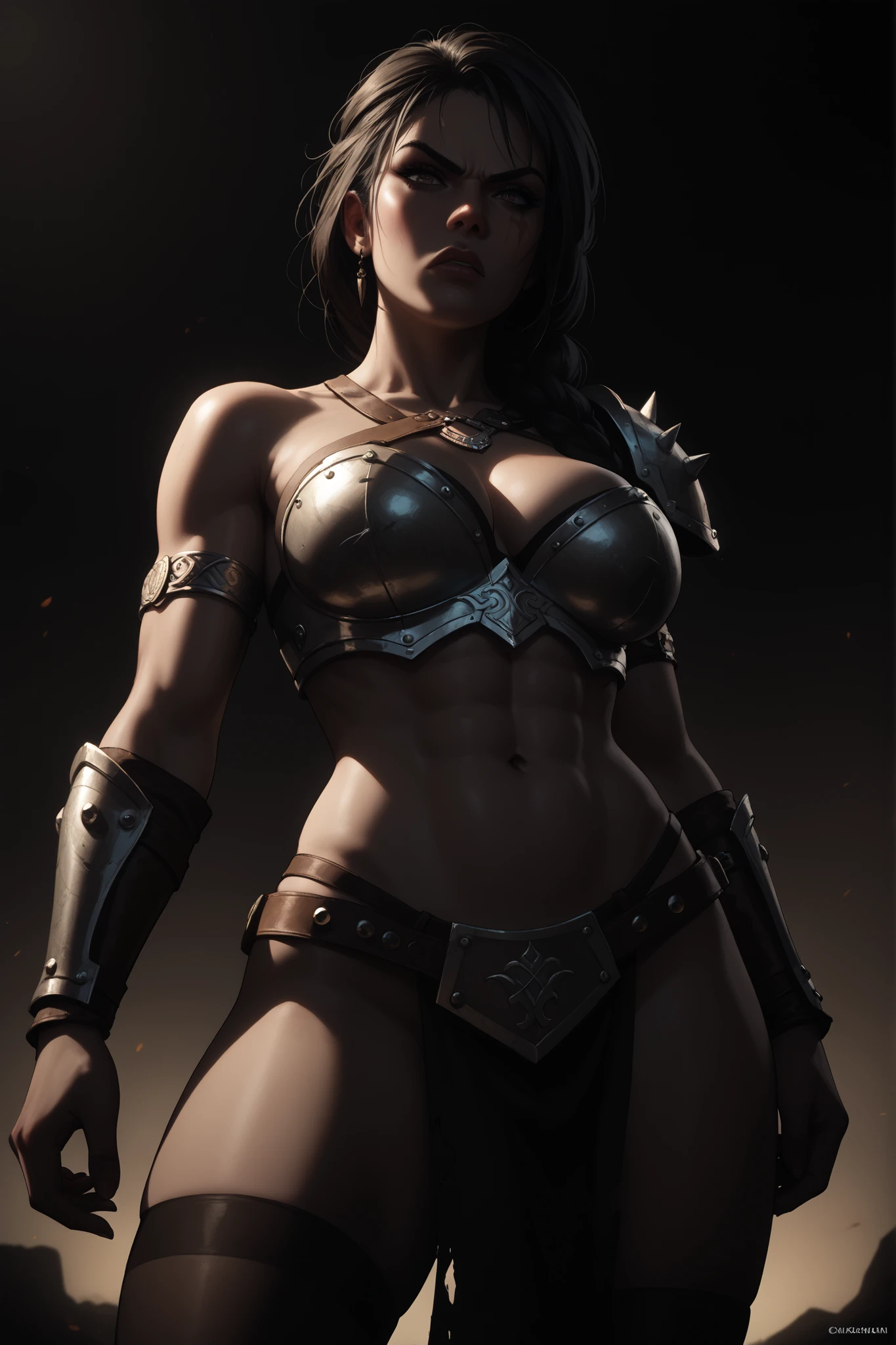 (realistic:1.3), intricate details,painting \(artwork\), ((masterpiece,best quality)), ((cinematic light)), woman in action, fight, kitana ,mortal kombat,  scary, dark fantasy  \(style\), detailed armor, detailed clothes, naked belly, naked legs, short torn blue skirt, scars, bloody, dirty, ripped