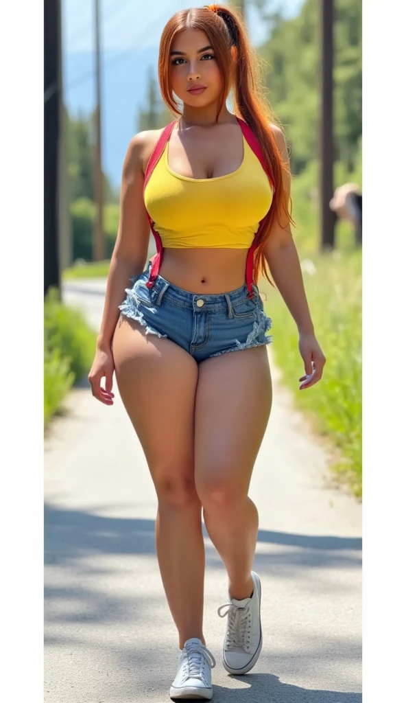 realistic, 1 women, best quality, 12k, HD, wear Allstar shoes, long hair, big round breasts, cleavage, ponytail, necklace, jewelry, shorts, short jacket, slim hips, hair tie, yellow eyes, black hair, super detailed, Eye details, hair details, person details, mouth details, face details, breast details, clothes details, hair details, pants details, hand details, whole body