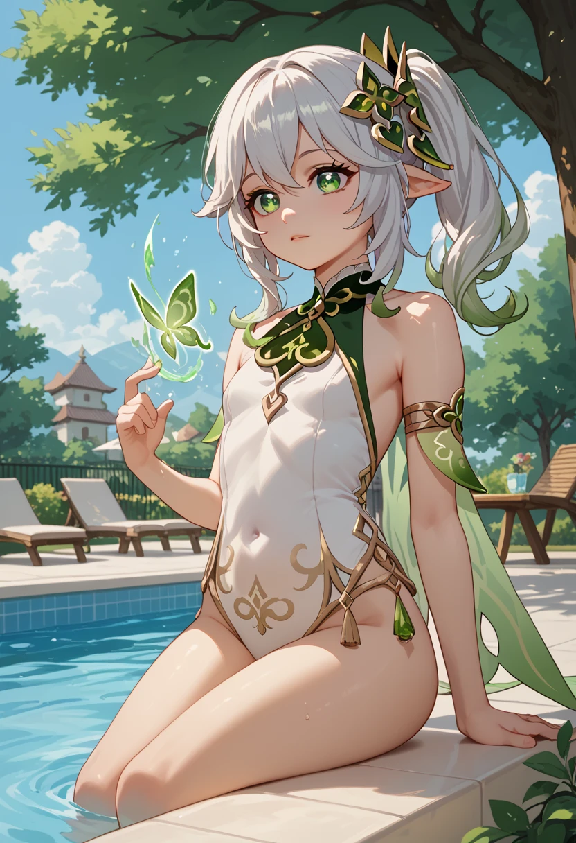 masterpiece, best quality, nahida_genshin, solo, long_hair, green_eyes, bangs, pointy_ears, hair_ornament, white_hair, symbol-shaped_pupils, multicolored_hair, side_ponytail, gradient_hair, green_hair, hair_between_eyes, cross-shaped_pupils, smile, jewelry, leaf_hair_ornament, bracelet, 8yo, ((petite)),
aroused, standing, nude, (flat chest), nipples, pussy, forest, cum in mouth, (cum on body)