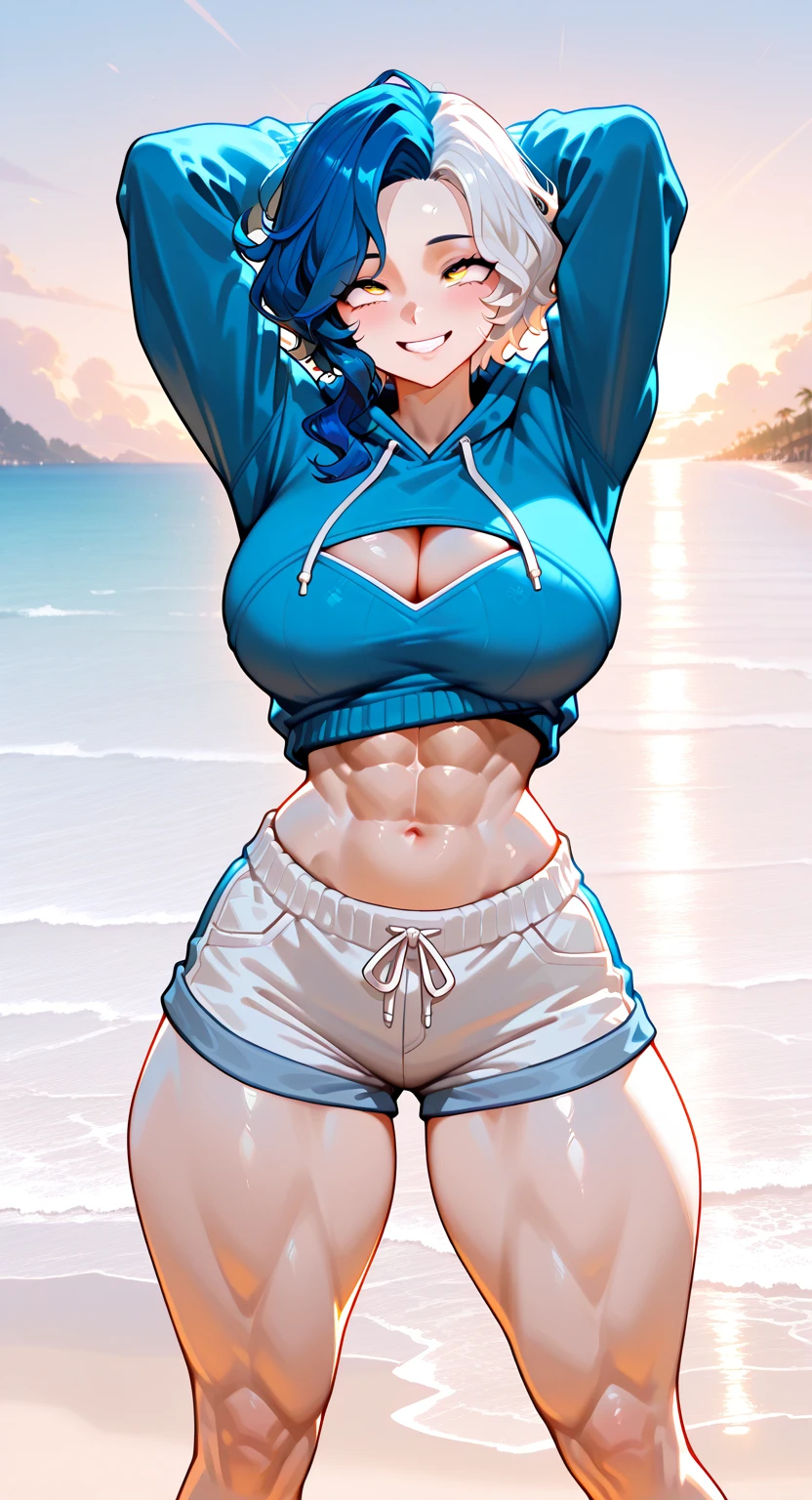 beautiful fit woman, (large breasts, tiny waist, pronounced well-defined hip bones:1.4), orange hair. striped too small microbikini top, colorfull images, blue (very low-slung hipster jeans:1.4). strappy high heels. one piece wano nami. <lora:wanostyle_2-one_piece_wano_saga_style_lora_-_v2_offset:0.7>. running along the beach.