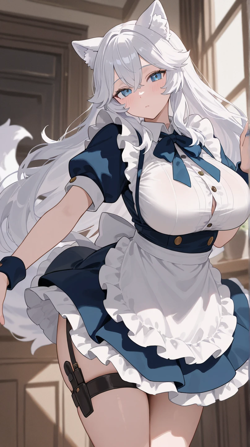 A beautiful white kitsune woman, long flowing white hair, large white kitsune ears, extremely detailed large breasts, multiple white fluffy tails, wearingmaid dress, bending over cleaning, showing off her thick curvy buttocks, beautiful detailed eyes,beautiful detailed lips,extremely detailed eyes and face,longeyelashes,warm lighting,soft color palette,highly detailed background