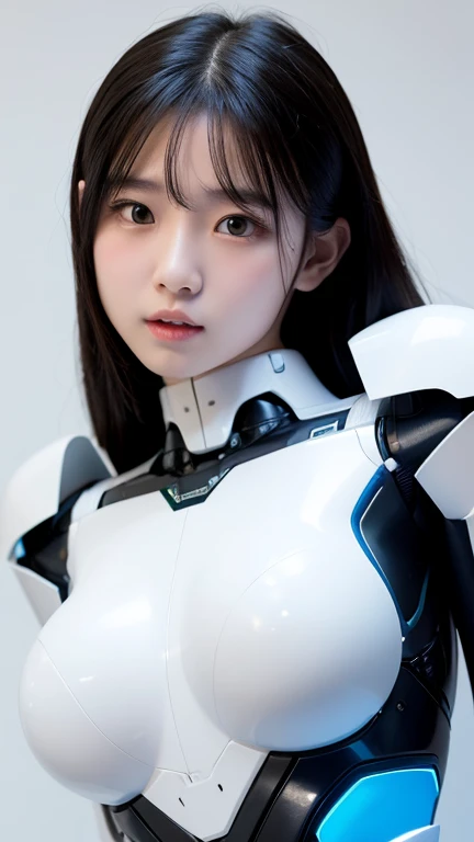 masterpiece, best quality, extremely detailed, Japanese android girl,Plump ,control panels,robot arms,robot,android,cyborg,white robot body,ceramic body,perfect robotgirl,blunt bangs,sumo wrestler,rolling eyes