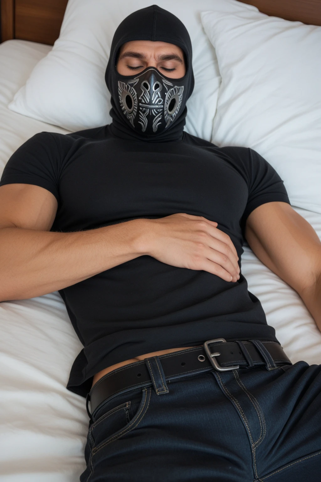 masterpiece, Best quality, realistic、a guy , androgynous, casual muscular body, in sheet ghost costume,、shirtless., male body、l, black latex gloves, choker, abdomen tattoos, buldge, latex hood, no face visible , mouth hole in mask , spread legs, mouth open hole