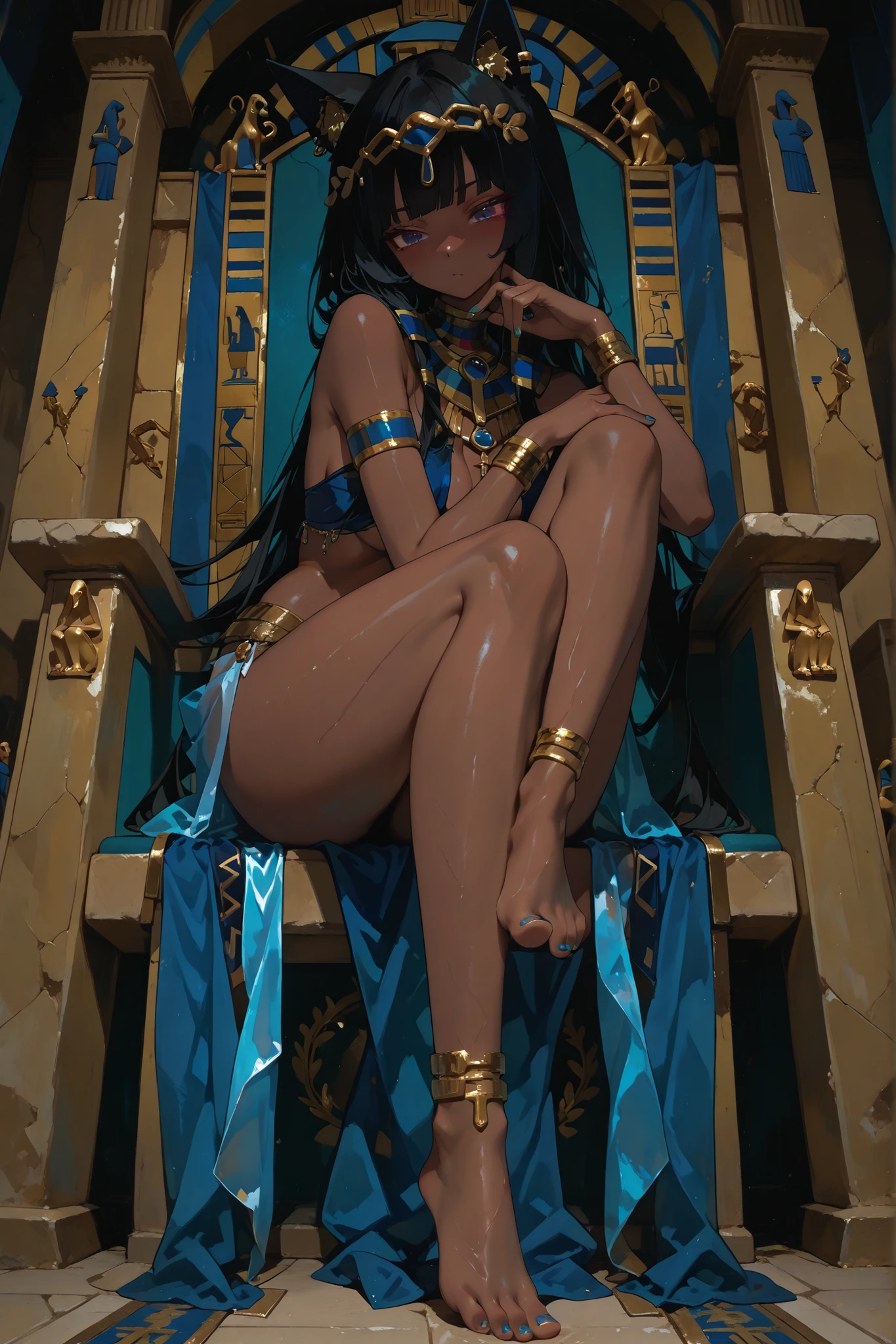 Black skinned, cute catgirl, black hair, tall, sitting, bending one knee, blue eyes, golden jewelry, golden nail polish, naked feet, visible feet, golden ankle bracelet, dominant pose, blue Egyptian skirt, blue Egyptian top, sitting on the plush throne, lewd Cleopatra top, sexy girl, in love, lewd Cleopatra bottoms, golden bracelets, Blushing, masterpiece, anime style