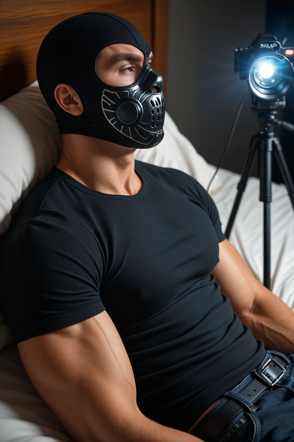 Teen male posing, (((skinny body))), (((16yo))), porn, atmospheric, cute masculine square face, golden hair, dead inside, bokeh, background blur, bottomless, chainlet, chromatic aberration, wet, veined body, full body view, lying in bed, mask, (((teen stubble))), (((glowing yellow eyes))), (((glowing eyes))), dark atmosphere, glowing veins, tight boxers
