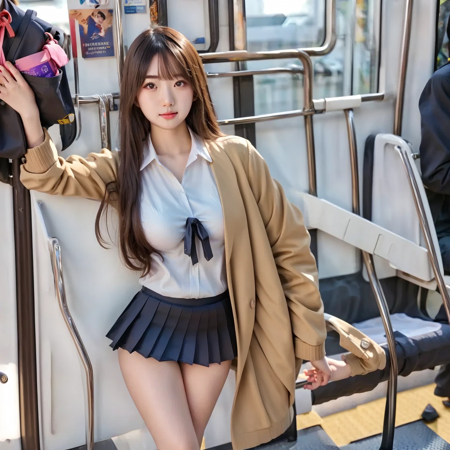1womanl、(Super beautiful)、(ultra beautiful faces:1.5)、(white  panties)、(Clear pubic contours)、Spread your legs、(high-school uniform)、Plaid mini skirt、Subway seats、(At SFW:1.1)