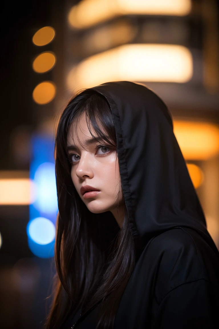 Girl with a skull、Blue glowing eyes、The double tooth is visible、Wearing a worn out black coat with a hood、Cute Devil、my sweet devil, Late Night Tree々Hill with、moonlight、White cloud、 unrealistic, High Contrast, Symbolism, Magic, Mysterious, mysterious, Surreal
