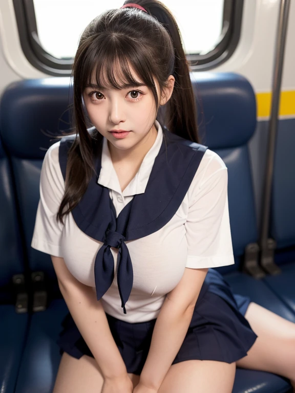score_9, score_8_up, score_7_up, uncensored, realistic, in train, tokyo, from below,
1girl, cute, (_chibi:1.2), (short female:1.2), japanese, black hair, long hair, bangs, half closed eyes, open mouth, tongue out, huge breasts, navel, midriff,
school_uniform, sailor_uniform, dark blue skirt, microskirt, skirt lift, lifted skirt, black panties, crop top,
sitting seat, spread legs, 