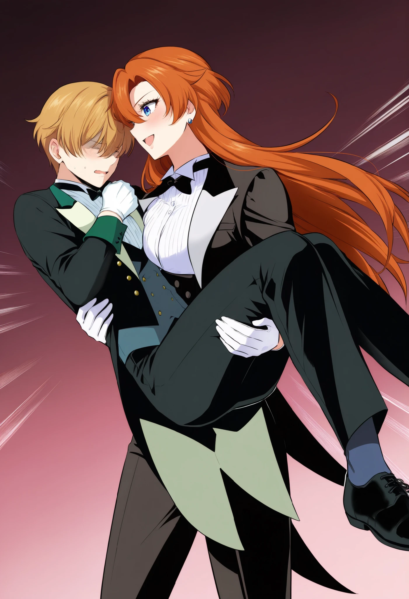 ,1girl, tuxedo tailcoat woman outfit,prince carry,1boy, bridal style, female carrying male, role reversal, gender role swap , assertive woman x Submissive male unconscious, assertive butler woman 