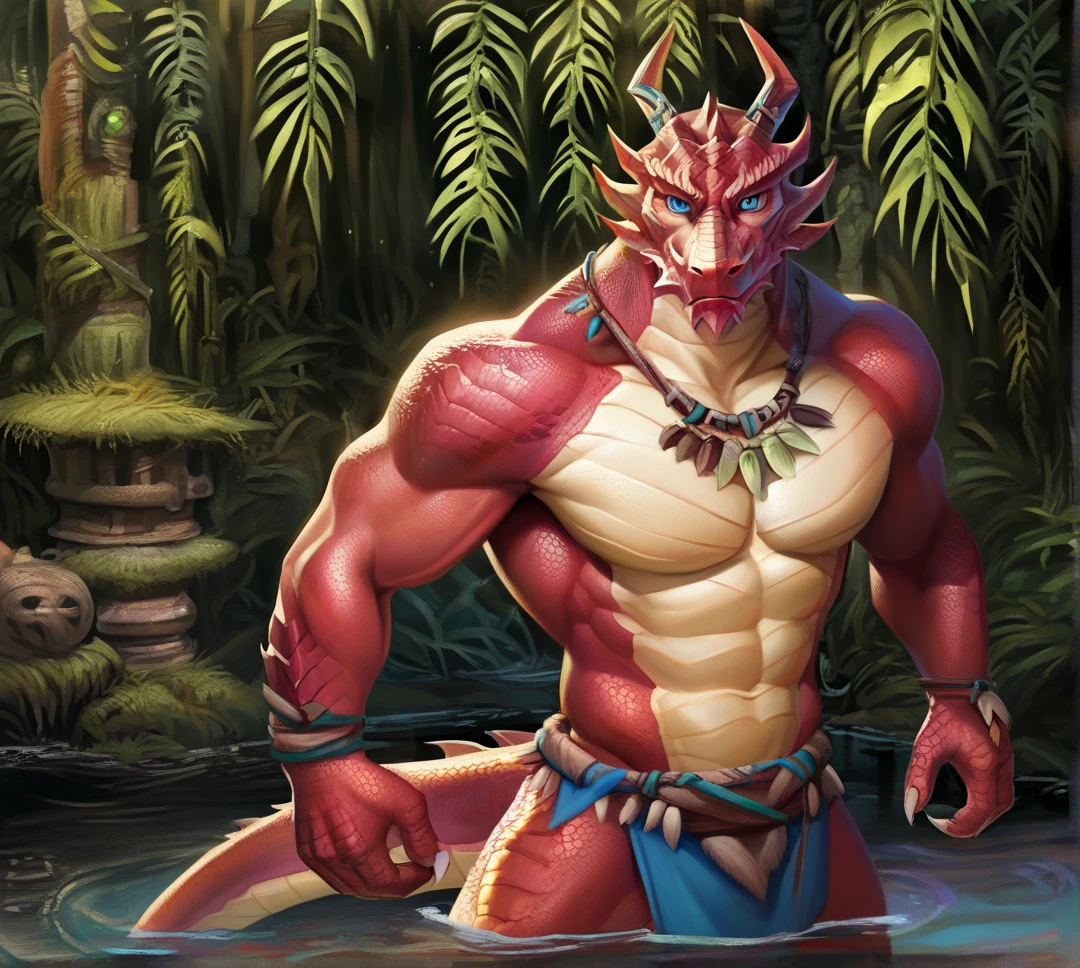 ultra-detailed, masterpiece, masterwork, high quality, best quality, hdr, (nature), nsfw, male, solo, chibi, dragon, ((nude, white bulging loincloth)), (little red body minotaur), (white body), (long golden hair, yellow eyes, cool eyes), standing, cross your arms, dynamic angle, earrings, sweat