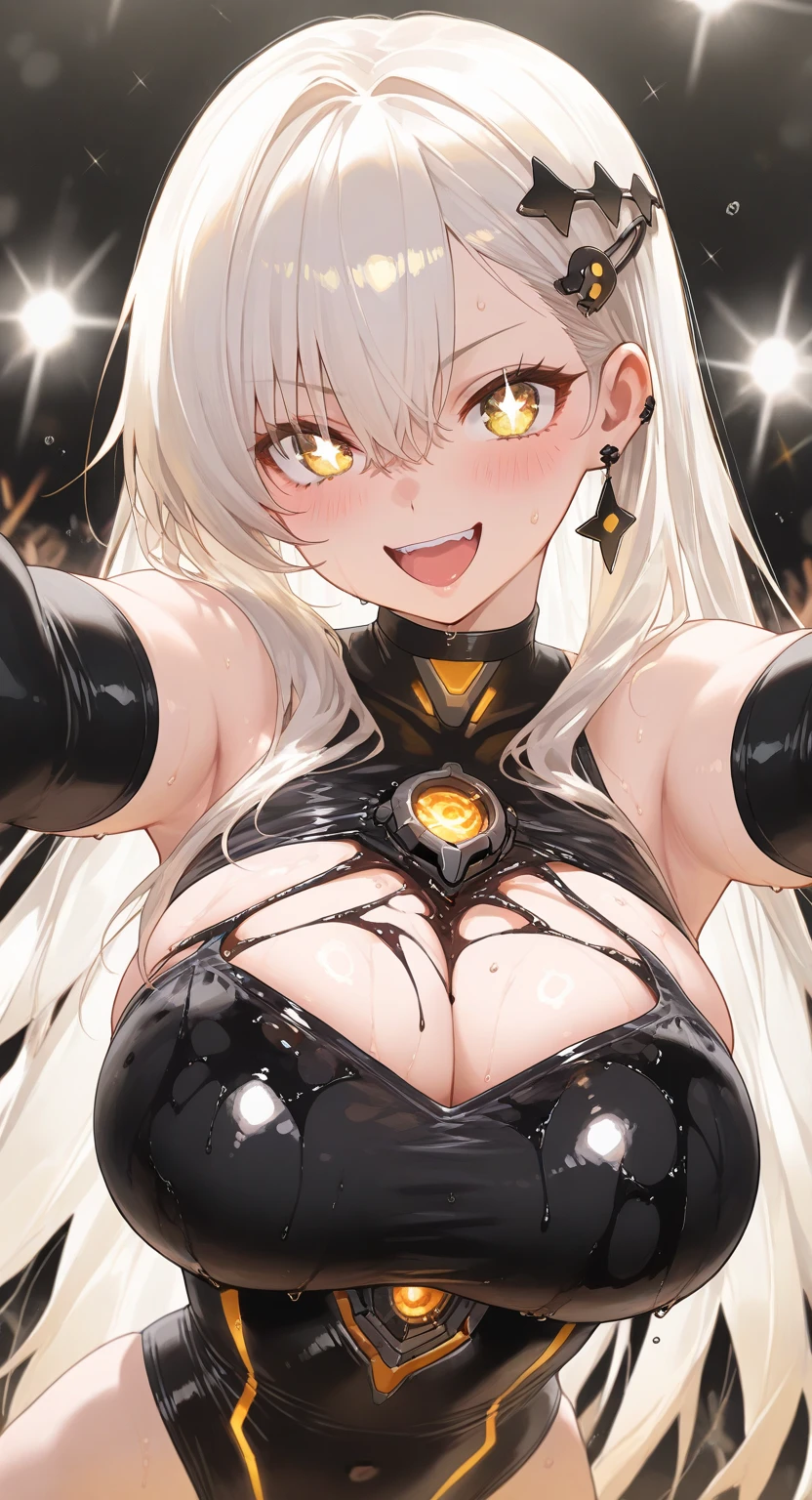 (best quality:1.5, highres, UHD, 4K, detailed lighting, shaders), white wavy hair, gradient hair, large breasts, black latex slider suit, mature woman , (pov), white background, colorful red eyeshadow, dramatic lighting, smile eyepression, golden earrings, flowing hair, delicate facial features, soft skin, high cheekbones, white background, stand up, lean forward, full body