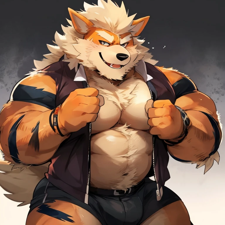 Single, Wolf Head, wolf tail, stalwart, หูเหลืองsexy, yellow hair, Hair on the arms, Leg hair, all yellow fur, whole body,naked, , muscle,sexy, Handsome man, (blue eye details), white-eyebrows, (sport shorts); (masterpiece, high resolution, best quality), 4K, soft skin, Warm weather,charge,rotate 45 degrees sideways,ฉากtorture,torture,strong punch to the stomach.,intestinal perforation,injured,Tied to a wooden pole, hands tied behind his back.,Make an angry and rebellious expression,Mouth open and drool flowing
