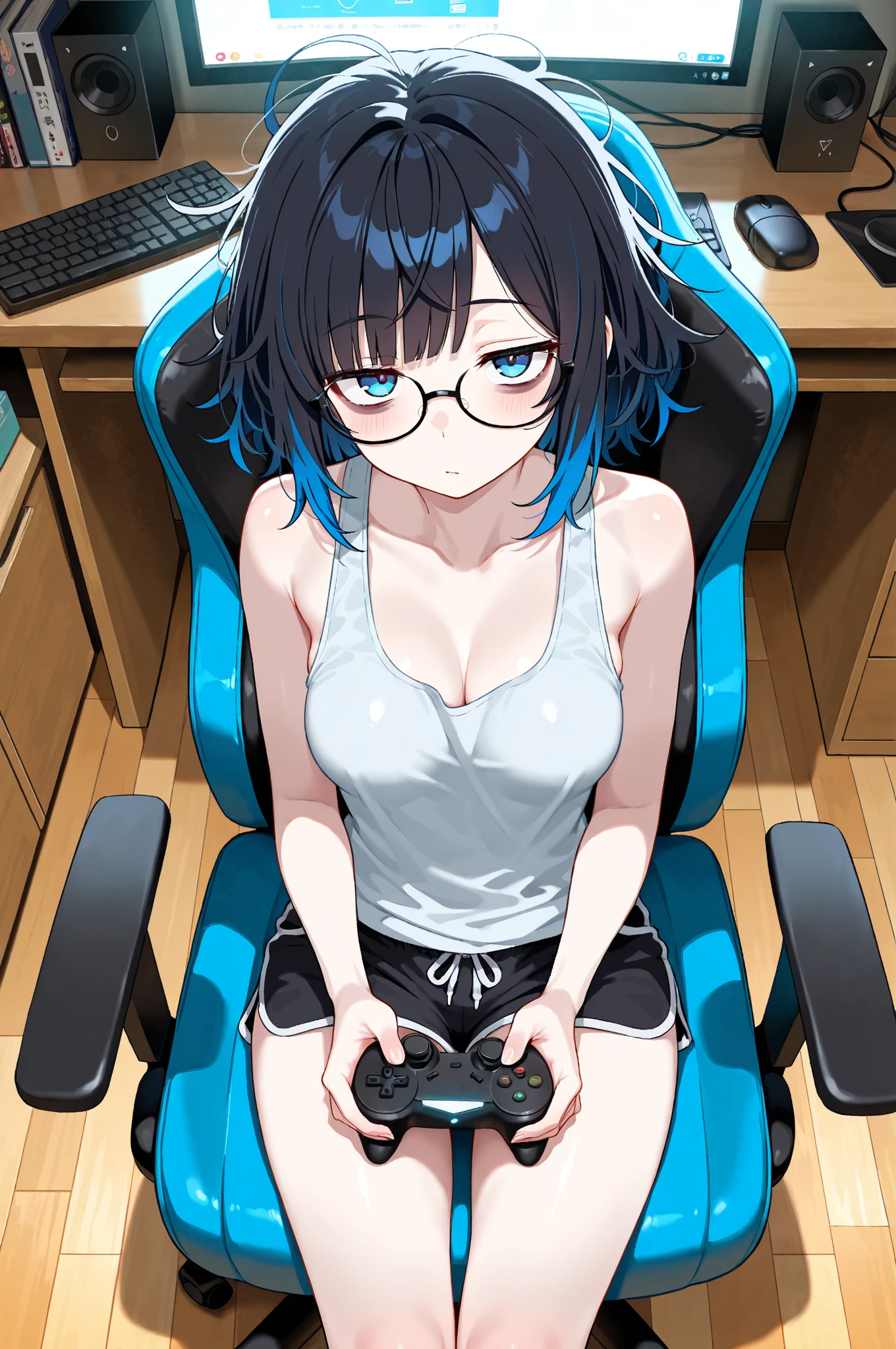 a young cute girl, glasses, smile, black hair, dark brown eyes, wariza on the bed, from above, small breast, bras, window, daytime, playstation, BREAK,(white lax sleeveless shirt), video game console, playing game,console gamer, focused, intense concentration,controller in hands, immersed in the game, immersing in virtual reality,competitive gaming, in her messy room, BREAK, (anime), (Masterpiece, Best Quality: 1.2), (Ultra High Resolution: 1.2), (RAW Photo: 1.2), (Ultra Detailed CG Unified 8k Wallpaper: 1.2), (Beautiful Skin: 1.2), (pale Skin: 1.3), (Beautiful pretty face: 1.3), (Ultra Realistic Photo), (Hyper Sharp Image), (Hyper Detail Image), (Hyper Sharp Focus: 1.5), (Ultra Sharp Focus: 1.5),reflection, refraction:1.4