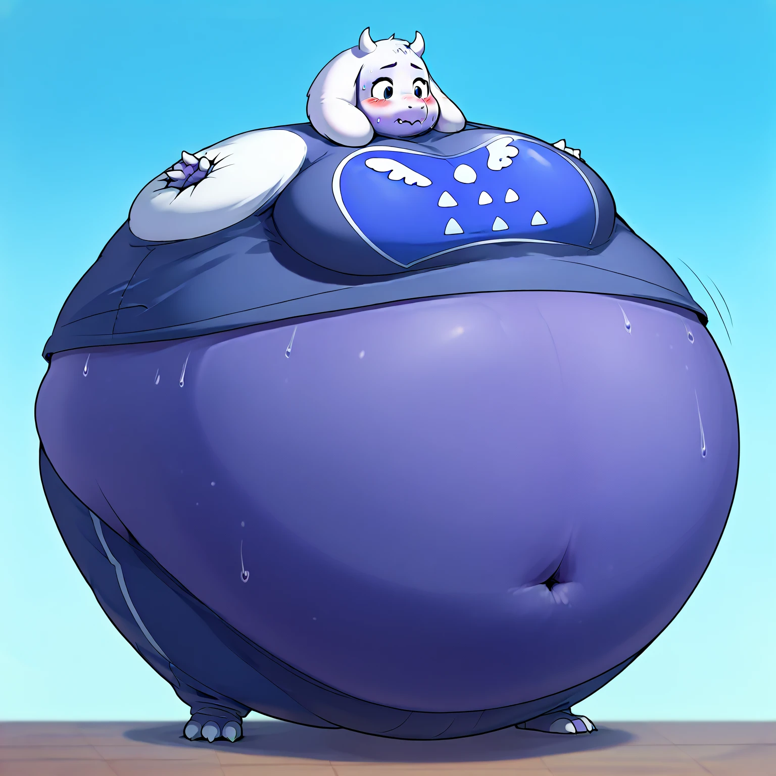 Malamute, female, long blue hair, black and blue body,, huge hips, huge thighs, plump, voluptuous,obese, gorgeous, beautiful, eyelashes, tank top, shorts,fat arms, fat legs, belly rolls, fat rolls, hip fat rolls, double chin, chubby cheeks , barefoot , huge breasts