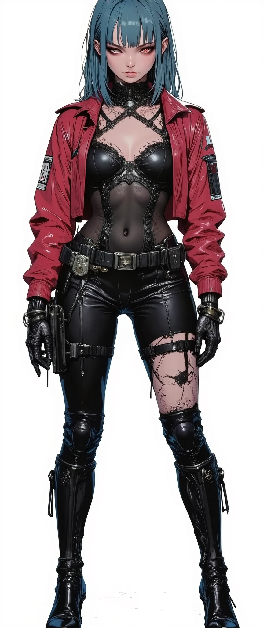 Masterpiece, highly aesthetic and recent. A stunning 28-year-old woman with a sensual, curvy body and strong legs, reminiscent of Bayonetta's physique. She has a mixed Asian appearance, straight blue hair with medium length and two side bangs framing her face. Her style is cyberpunk and post-apocalyptic.

She wears a tight black military leather outfit with steampunk and dark fantasy elements. Over it, she has a red cropped leather jacket with a high collar. She also wears combat boots, leg holsters, and futuristic accessories on her thighs.

The visual style resembles 90s anime, especially ‘Vampire Hunter D: Bloodlust’. Her look is serious and mature, with strong, defined lines, high contrast, 3-tone cel-shading, and no gradients. The image is in ultra-high resolution, anime-style, inspired by RossDraws 2.0 and 1.0.

[[FRONT VIEW]] [[FULL BODY]] [[Character shown from head to toe]] [[WHITE BACKGROUND]] [[Character sheet style: shows front and side views in the same image]] [[High quality, anatomically correct, adult anime style, inspired by Fatal Fury and Blade & Soul]]