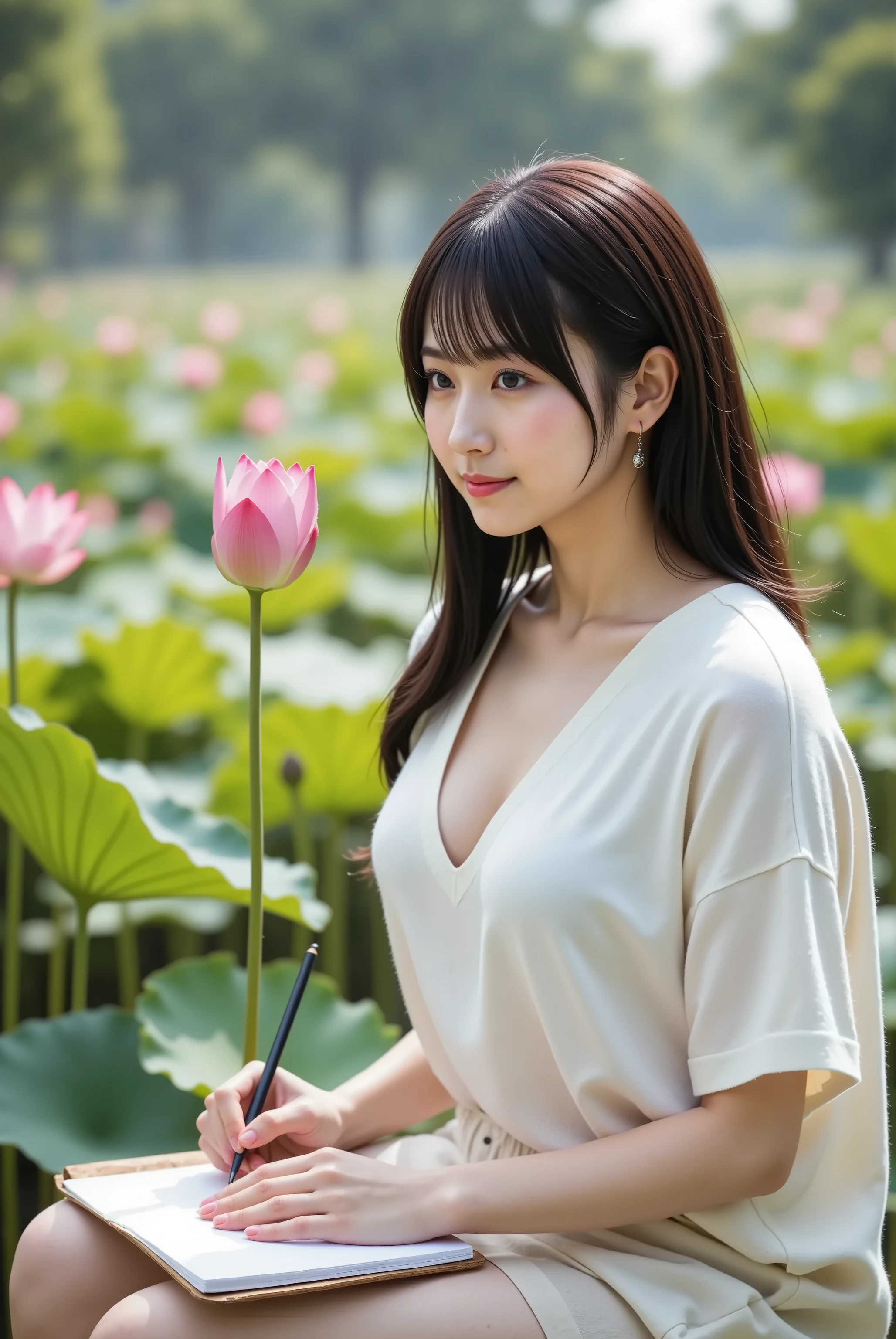 sakura,professional photography, masterpiece, high resolution, an upper body portrait of a 20-year-old artistic Japanese woman with a quiet and deeply serene smail, sketching by a tranquil lotus pond at dawn in the summer. She has delicate Japanese facial features, a soft angular jawline, high cheekbones with subtle definition, a small refined nose with a gentle bridge, and large, incredibly focused eyes observing the fine details of a lotus blossom. Her skin is porcelain-smooth, with a fresh, dewy appearance from the morning mist, showing realistic texture with visible pores. Her long, straight black hair is loosely tied back, with a few strands escaping to frame her face. She wears a simple white V-neck t-shirt made of soft cotton, paired with comfortable linen shorts. The relaxed neckline of her t-shirt reveals her voluptuous, ample bust and a clear, deep cleavage. She is sitting on a small wooden stool, holding a sketchbook in her lap and a graphite pencil in her hand, her movements slow and deliberate. A single, perfect pink lotus flower, covered in dew drops, is the subject of her attention. The pond is a sea of large green lily pads, and a gentle mist rises from the water's surface, partially obscuring the trees on the far bank. The composition is a professional, atmospheric portrait, aspect ratio 2:3, capturing a moment of peaceful creation. Shot on a Canon EOS R5 with an 85mm lens at f/2.8, ISO 400, and 1/125s shutter speed. The lighting is the soft, diffused light of early morning, creating an ethereal and gentle atmosphere with almost no harsh shadows. The color palette is soft and muted, with greens, pinks, and the cool tones of the mist. The level of detail is hyperrealistic, capturing the waxy texture of the lotus leaves, the delicate veins of the petals, the texture of the sketchbook paper, the graphite on her fingertips, and her expression of quiet communion with nature. The mood is tranquil, meditative, and artistic.