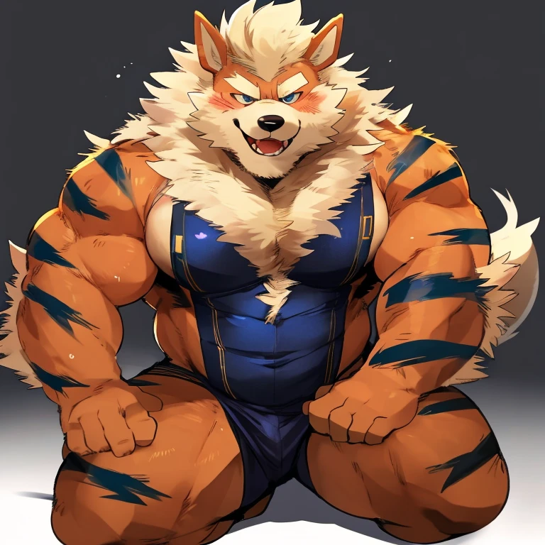 (Pokémon) A Arcanine at the bodybuilding competition, on stage with other Arcanine's bodybuilders at his side, wearing a tiny thong (metallic color: jet black thong) massive, huge muscular bodybuilder with extraordinary biceps, pecs, triceps, traps, waist narrow, gigachad
