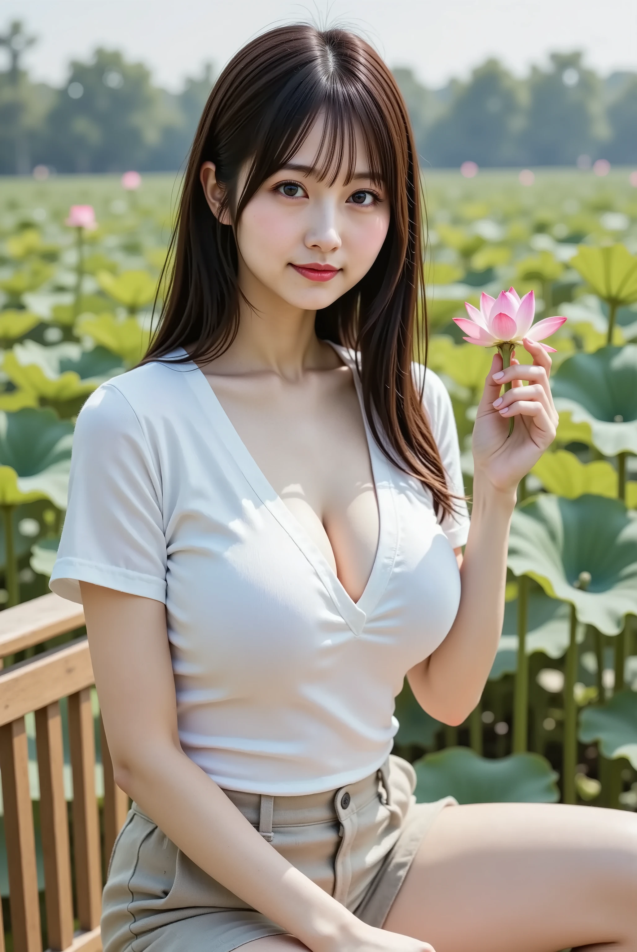 Beautiful 25 year old woman with beautiful slim waist body with wide hips and big breasts covered in lotus flowers all over her naked body and smiling sexy