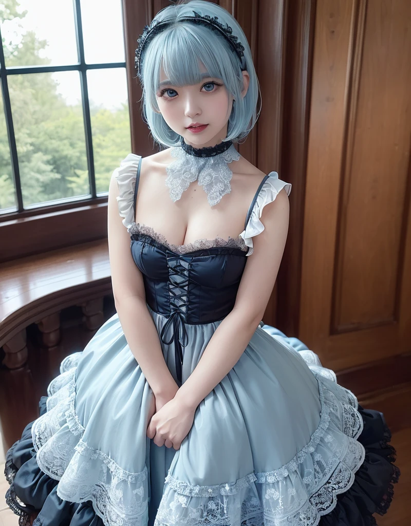 Very detailed、high resolution、8K、 Girl、16 years old、one person、Maid、Blue Hair、Short Bob、Cleavage、ReZER　Rem、hair ornaments、Neckline、ribbon、choker