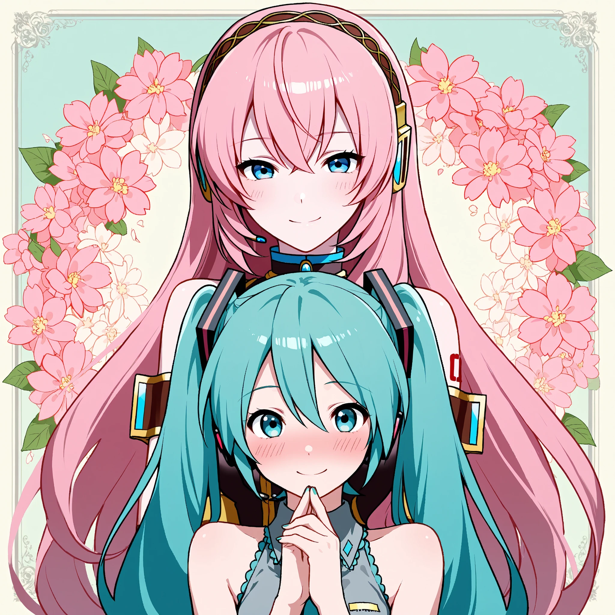 Megurine Luka,Hatsune Miku,High Accuracy Selection, long hair, And look , blush, Smile Yang , top quality, headphones, flower background