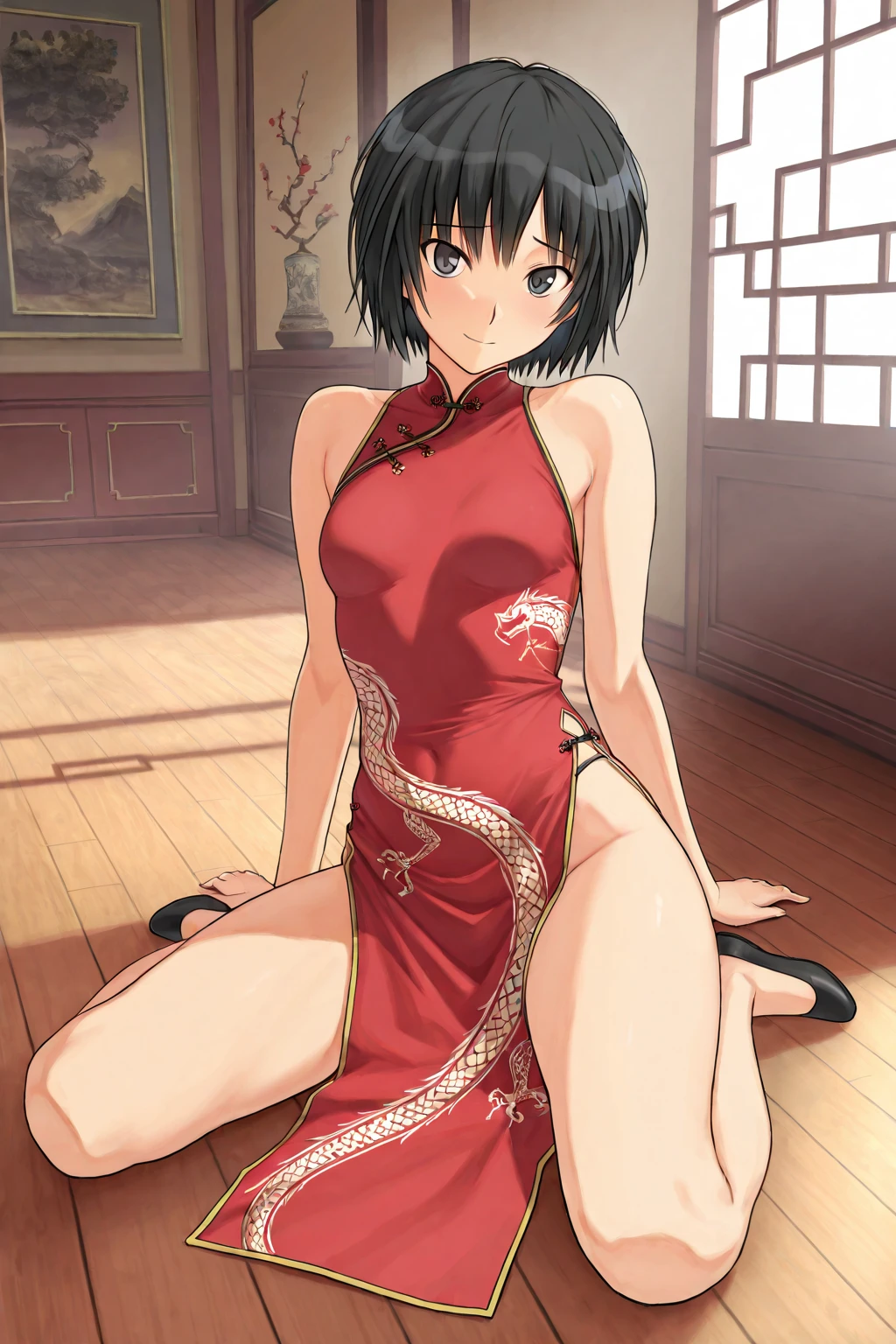 score_9, score_8_up, source_anime, solo, 1girl, tomboy, dress, annie leonhart, attack on titan, lole, young, ((aged down)), nagioka, black hair, black hair, oriental, Chinese dress, short dress, short hair, indoors, boob window, pussy slip, french Barrett hat, rough sex, sex, dark skinned male