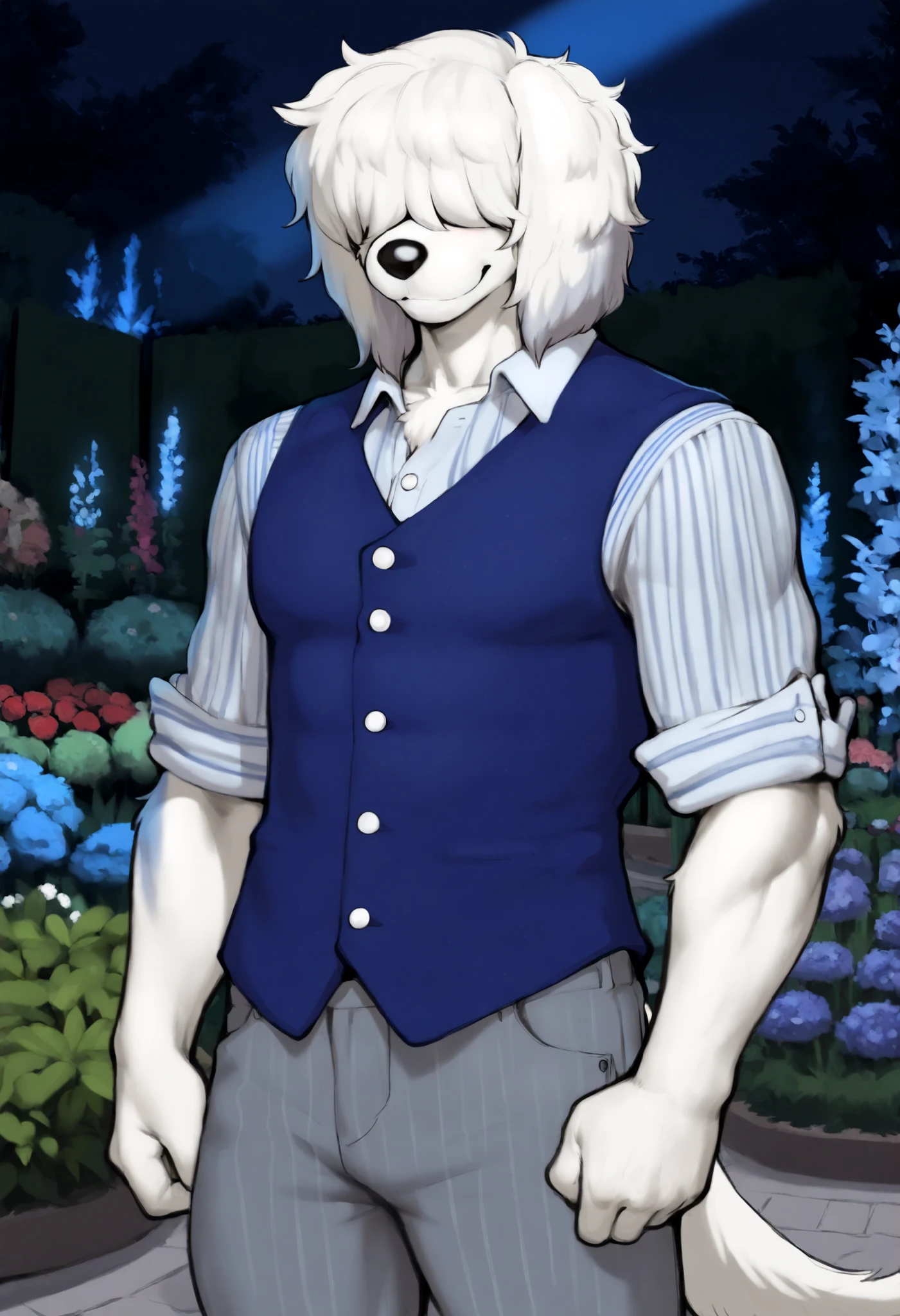 Furry, (Collot, old english sheepdog, canine, solid white fur, male:1.5), solo, (muscular:1.5), (blue vest, should white button-up shirt, navy blue striped light gray pants:1.5), short hair over eyes, background, detailed background, (garden:1.5), by meesh, by jrjresq, by claweddrip, by waspsalad, by teranen, by chunie, by canaryprimary, by dacad, by zackary911