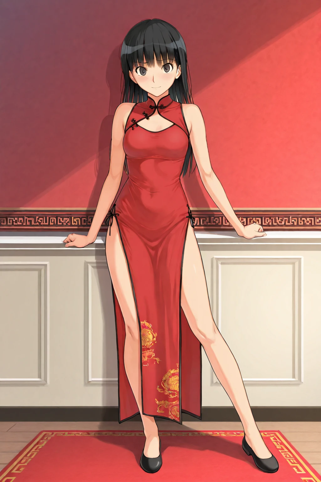 (masterpiece:1.2),(Highest quality), (High resolution), (unity 8k wallpaper), (shape:0.8), (Beautiful attention to detail:1.6), Highly detailed face Yorbraia, (Yor Briar), Black Hair, (Red eyes:1.5), Earrings, Long Hair, white hairband, (Medium Breasted:1.2), smile, indoor, Put your arms behind your back, whole body, Extremely detailed CG, (Perfect hands, Perfect Anatomy), (red China dress), (gold decoration dress), (sleeveless), (deep slit), (black high-heels), View your viewers,  full body, standing, spread legs, Cowboy Shot, dutch angle, indoor