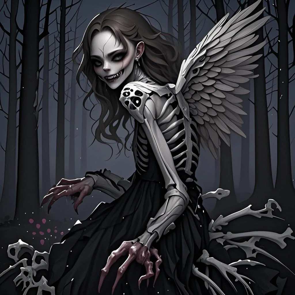 Fine matte painting, skeleton dark angel big wings haunted castle on drawing table full of knives, ghost realm, grave, horror, spooky, scary, secret horror, tentacles, vines, eyes, uncanny valley effect teeth, limbs, animals, blood moon