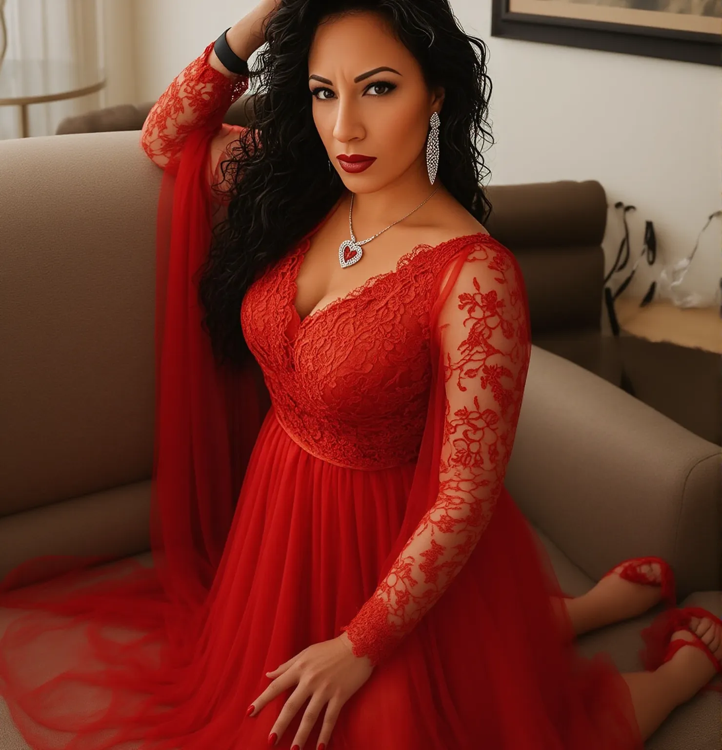 (full body shot:1) photorealistic image of a (laying pose:1) ultrarealistic, photography, Arabic, long black hair, woman, 54 years old, hourglass figure, perfect body, Flirty look, big breasts, blur background, she is laying on a modern white couch in the living room, she has a seductive look, she is barefoot, bare foot, she is wearing a red sheer babydoll
