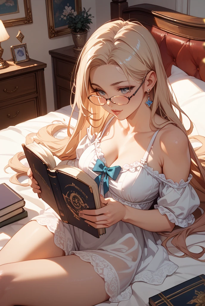 muste piece, highest quality, Highly detailed CG Unity 8K wallpaper, sexy witch , long dark blonde wavy hair、off shoulder knit, dark blue pleated skirt, stockings、medium breasts, saggy breasts, , blush, shy laugh, bare shoulders, (pink lace panties、open your legs wide、Open knees、straddle the pillow、Flipping up the skirt with your hands）、、luxury magic wand and book、church bed、pink bra