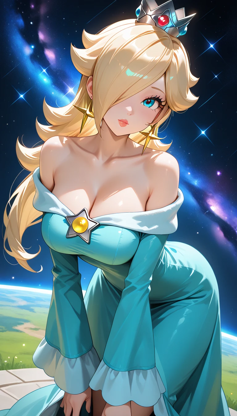 (masterpiece), best quality, expressive eyes, perfect face, highres, 1 girl, solo, rosalina, blonde hair, blue eyes, hair over one eye, long hair, blue dress, crown, dress, earrings, jewelry, princess, robe, bare shoulders, crossed legs, star earrings, space, starry background, glowing particles, good illumination, sitting, portrait, looking at the viewer