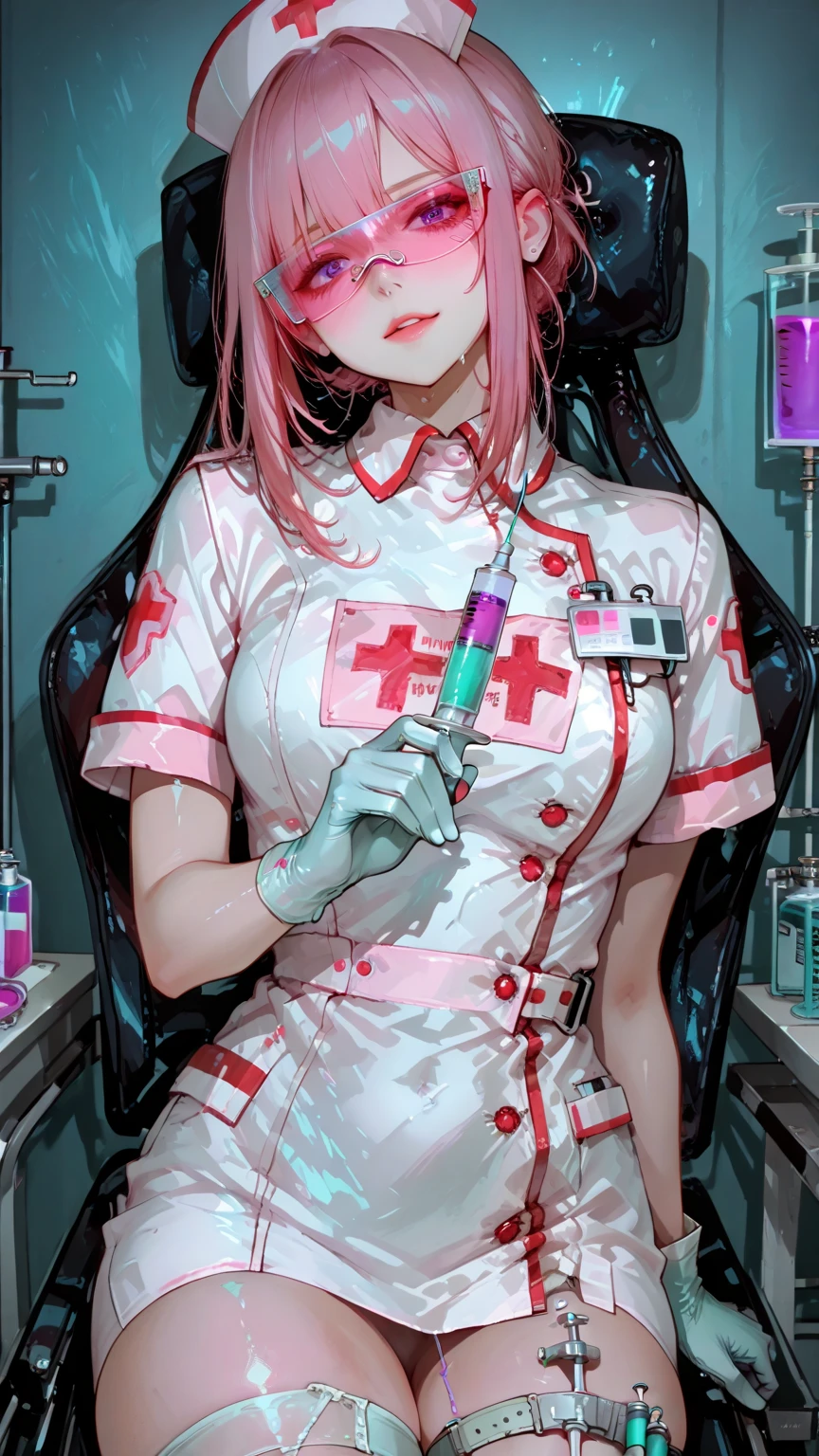 a picture of vampire nurse in a dark hospital, goth hospital, exquisite beautiful nurse, ((full body shot: 1.5)), ((anatomically correct: 1.5)), (ultra detailed face: 1.2), pale skin, dynamic hair style, dynamic hair color, wearing white silk nurse, small cleavage, nurse robes, white skirt,(holding blood transfusion bag: 1.3), BloodSoakedAI, goth hospital background, dark fantasy art, goth art, Hyperrealism style, vibrant, Ultra-high resolution, High Contrast, (masterpiece:1.5), highest quality, Best aesthetics), best details, best quality, highres, ultra wide angle, 16k, [ultra detailed], masterpiece, best quality, (extremely detailed) RAW, BloodSoakedAI, vampire teeth