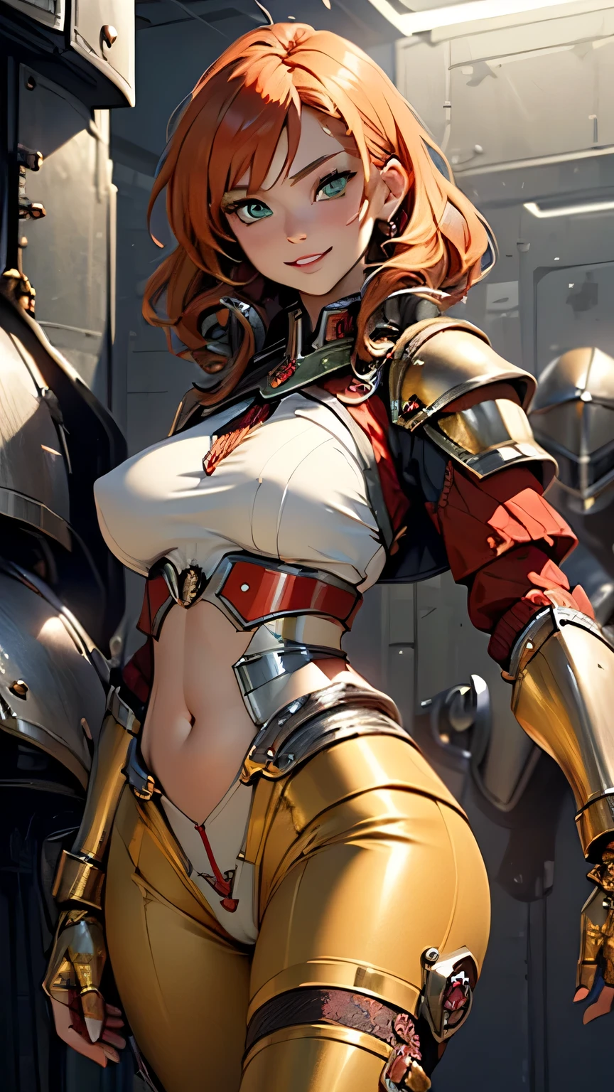 red translucent armor，Arm mecha，Short golden hair，Long ponytail hairstyle，Large Breasts，Cleavage，Pistol hanging from waist，fighter pilot，fighter hangar，sexly，Lipstick，Miss，Golden Eyes，stockings，Short skirt，action，In battle，Portable electromagnetic thunder cannon mounted on the back