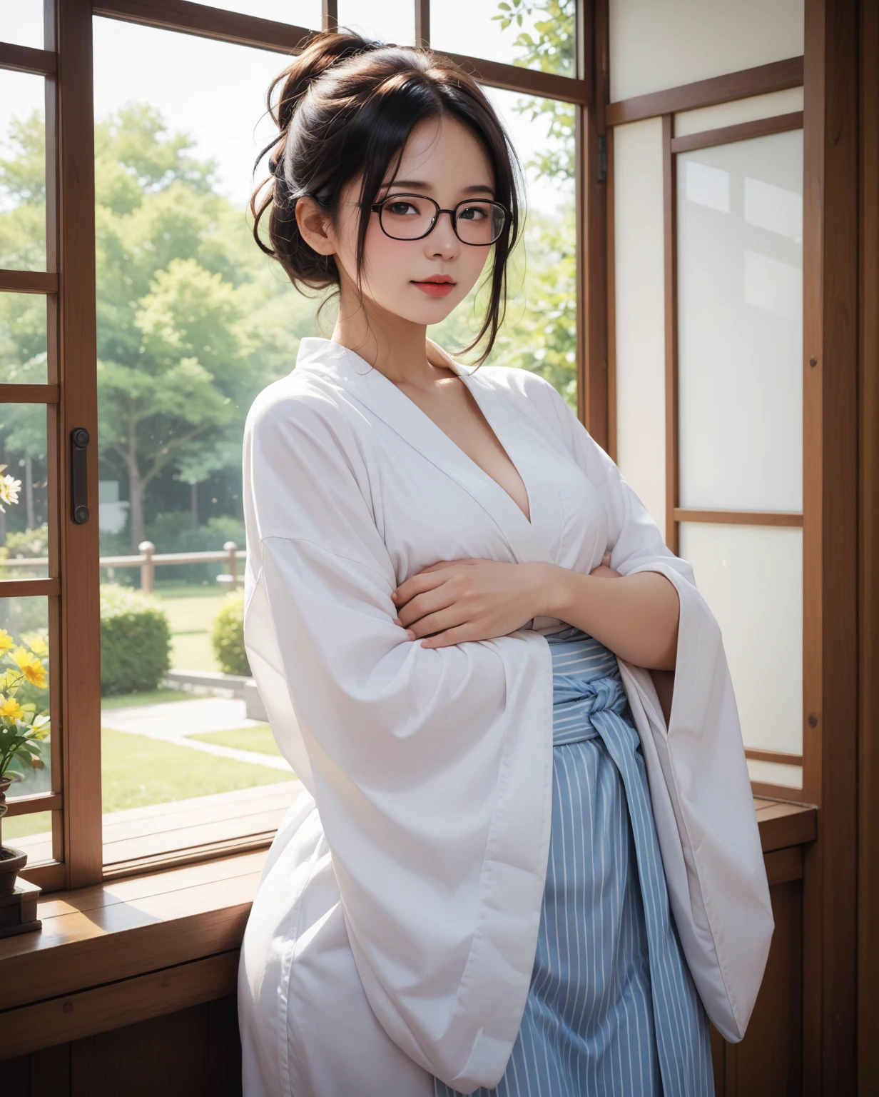 RAW Photos、Beautiful Japanese woman working from home, 20-year-old, Glasses, Dining table、Daytime、Laughter、Detailed face, Perfect Body Proportions, Detailed fingers, Foliage plant, (((Photo realistic))), Tabletop, Lace curtains swaying in the wind、Simple room, Gold ratio ratio,Curly Hair、short hair、Big Breasts、I can see my boobs、