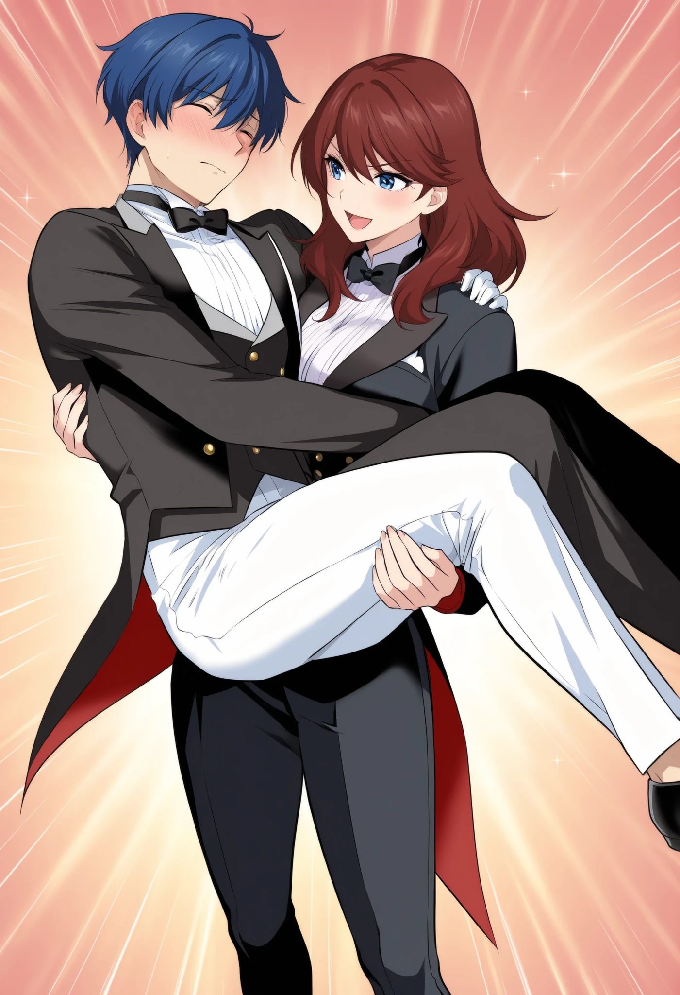 ,1girl, tuxedo tailcoat woman outfit,prince carry,1boy, bridal style, female carrying male, role reversal, gender role swap , assertive woman x Submissive male unconscious, assertive butler woman