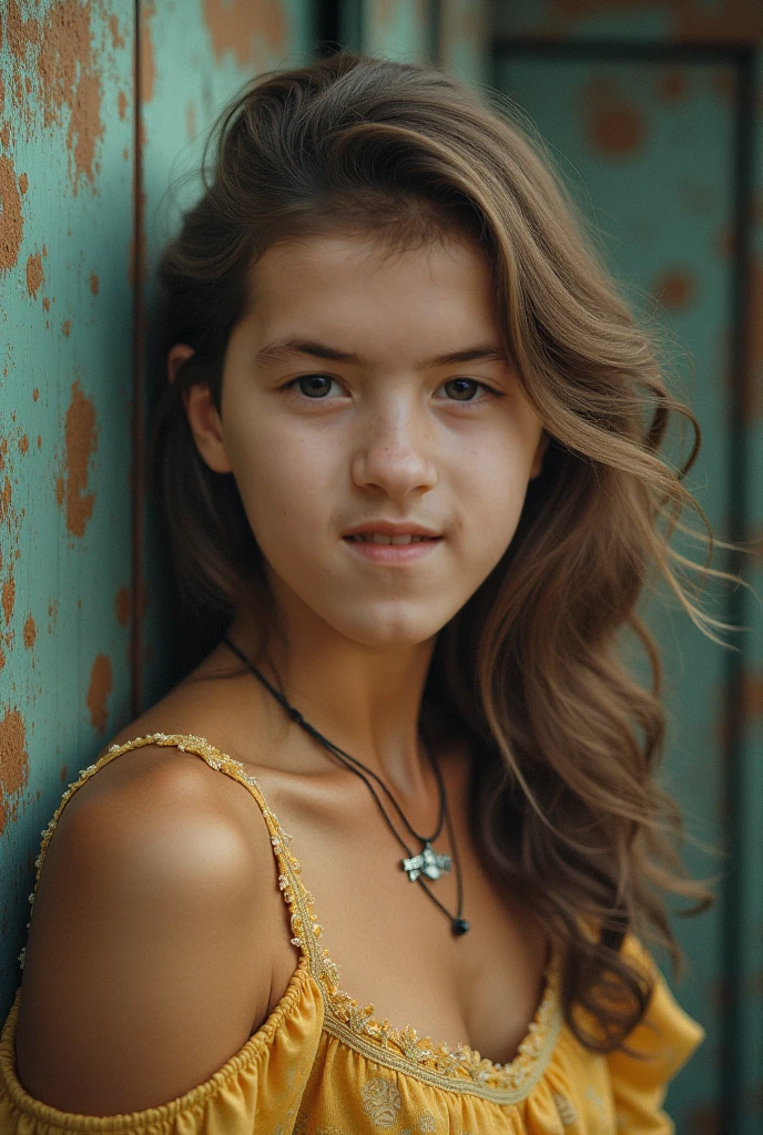 polaroid, full frame Close portrait, ( 18yo monique gabrielle ), slim muscular body, vest top, short blonde-brown messy hair, cyberpunk ruins, skin texture, torn clothes, shallow depth of field, ((bokeh)), film grain, ultra realistic, cinematic lighting, magic neon, dark red
