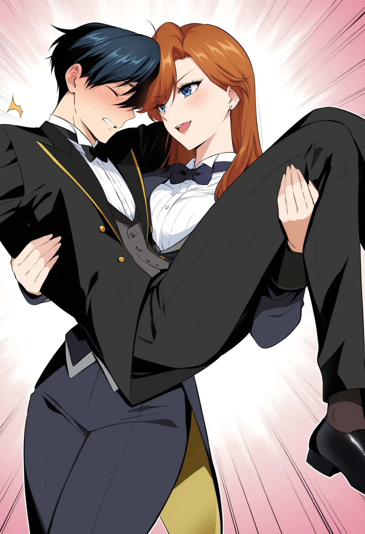 ,1girl, tuxedo tailcoat woman outfit,prince carry,1boy, bridal style, female carrying male, role reversal, gender role swap , assertive woman x Submissive male unconscious, assertive butler woman
