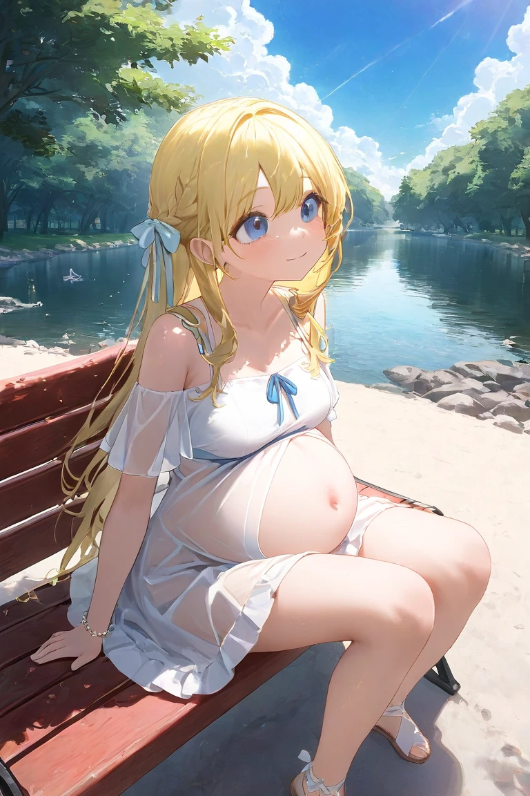 (best quality,a high resolution),pregnant austrian woman,belly,Bare belly,Beautiful detailed eyes,golden hair,perfect makeup,fit,Wear a strapless top,leggings,huge breasts,Thin,Putting his hands on her exposed belly,17 years old,Intense pregnancy glow,Stunning style,Standing in a blooming garden,There are colorful flowers around her,Vibrant green grass,peaceful atmosphere,The gentle sunshine shines on her,Create a warm and gentle feeling,Highlight her shine.