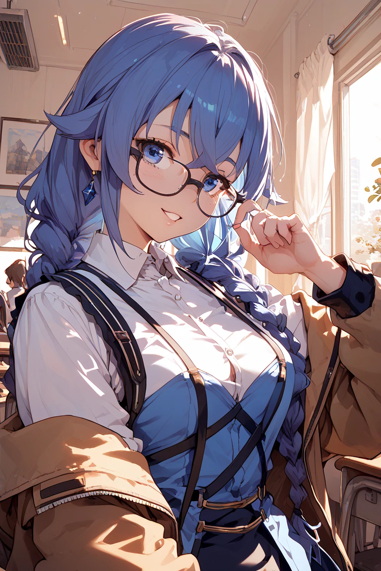 8k_wallpaper, extremely detailed eyes, extremely detailed body, (large masterpiece digital art), (detailed manga illustration), (detailed line art), ((perfect anatomy)), (intricate details:1.3), (ultra-detailed:1.3), (illustration:1.3), (sharp focus:1.3), (natural lighting:1.05), (vivid colors:1.3), (masterpiece), best quality, expressive eyes, perfect face, 1 girl, breasts, cleavage, gloves, large breasts, casual clothes, white shirt, tee shirt, denim jacket, jacket, {blue hair}, medium hair, wavy hair, (gray eyes), hourglass physique, casual outfit, black denim shorts, shorts, dynamic pose, Huge ass, dynamic lighting, beautiful Latin woman, curvy, fur trim, hair bun,