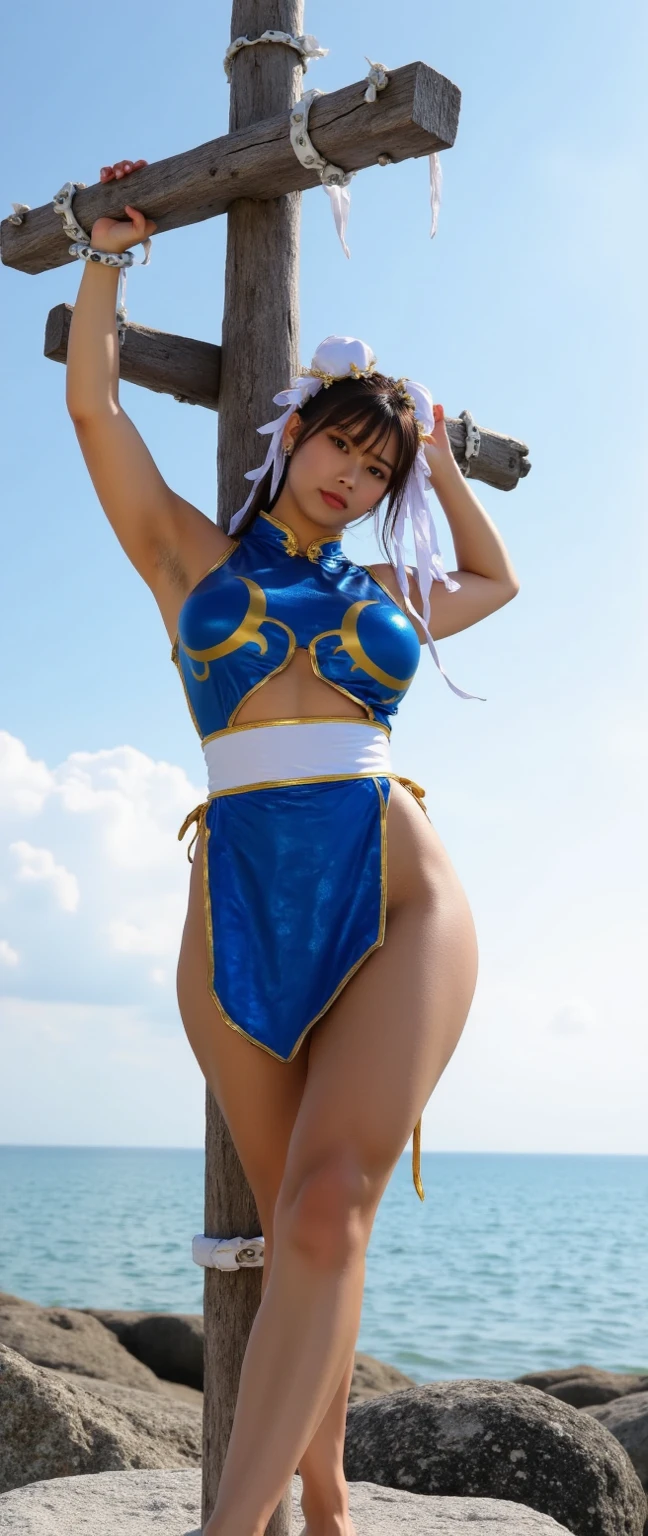 (master part, best quality), sozinho, standing full body photography, Chun-Li, pulseira, coxas, peitos grandes, rosto detalhado, boca detalhado, olhos detalhado, nariz detalhado, vestir, , coxas grossas, Camada de coque, dynamic pose, fotoRealista