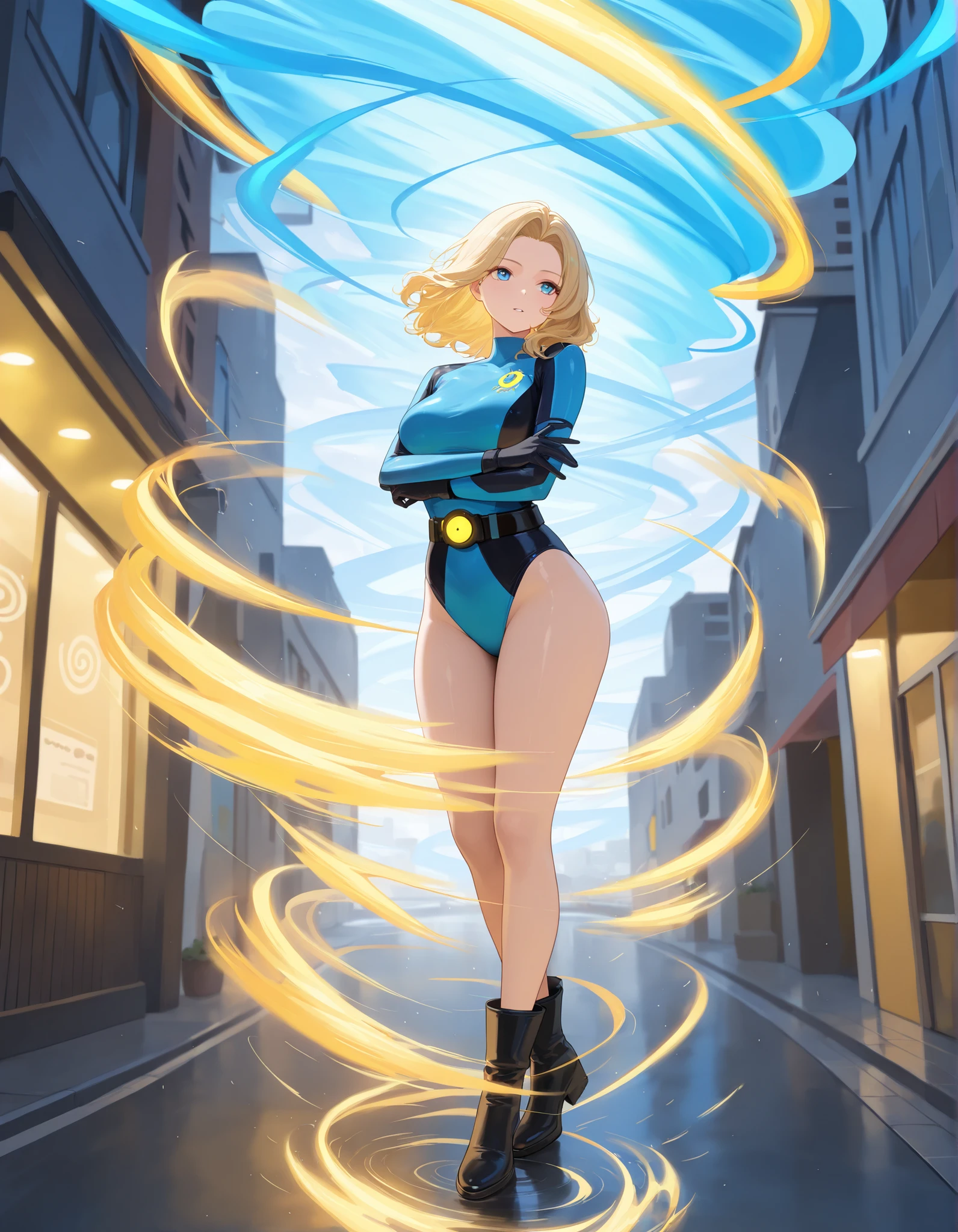 1girl, medium breasts, (leotard, highleg leotard, light blue leotard), (lighting bolt emblem on chest), bare legs, (tight belt), boots, matching boots, gloves, city backdrop, solo, single, hands on hip, standing, full body shot, cowboy shot, superhero, beautiful detailed eyes, power, diffraction spikes, blonde hair, short hair, wavy hair, high school backdrop, outdoors, mature lady, teacher