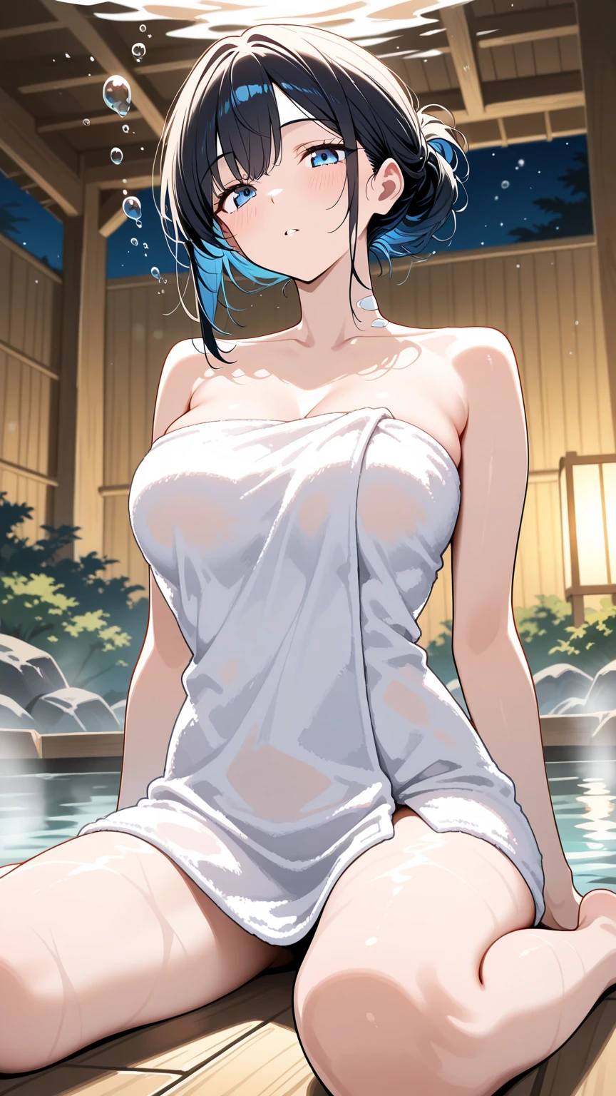 NSFW, ((wearing bath towel)),  (with intricate details), (COLORFUL), cinematic lighting, Bust Shot, extremely detailed unit 8k CG wallpaper, 1 girl, big breasts, wet, big breasts, wet, standing, too hot, hot, Wearing sweat,legs open, covering breasts with hands, covering with hands, undressed,  hot springs, inside the hot springs, bathing in the hot springs, At Night, back ((towel in front))
