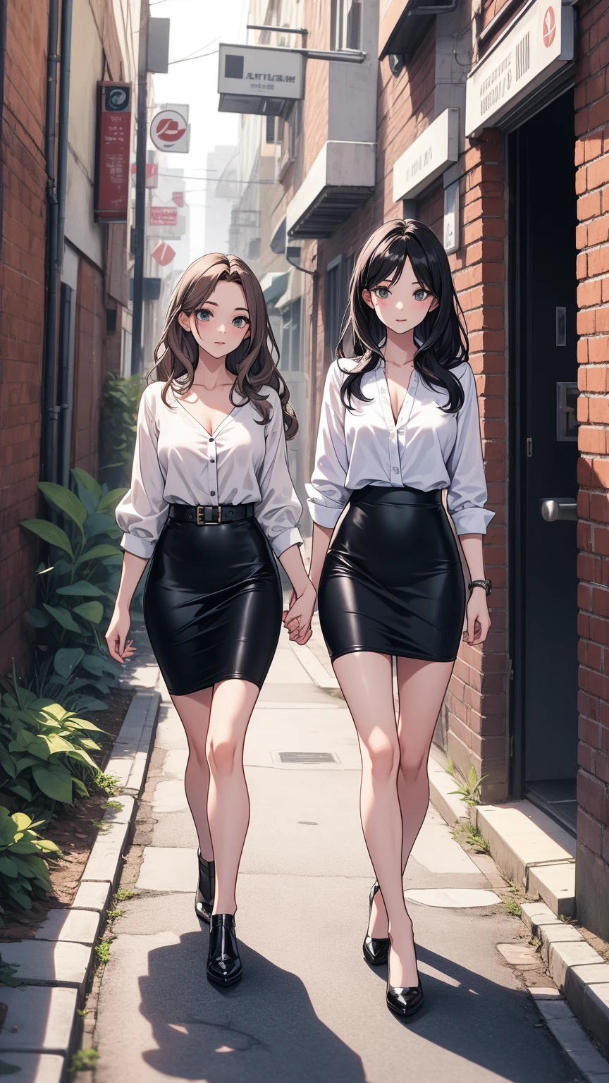 Two pretty girls, (real, high resolution: 1.4), girls, (natural light), (more face, more hair, more clothing), (medium breasts), (mouth open: 1.1), big eyes, slim, legs, medium hips, full body shot, one in a black pencil skirt, the other in a white dress with stockings, standing, wavy hair, (point: 1.3), two people standing in front of a sign with balloons,