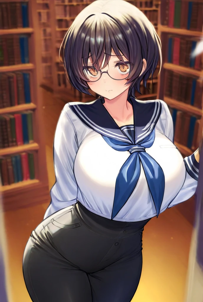 Cute naughty peasant girl, Pastel colors hair, medium breasts, Thighs, black hair, short hair, (low twintails), glasses, standard height, (anxious face:1,2、blush:1.2, quiet personality:1.2, shy), (naked), at the adventurer's guild, A bulletin board with posted paper