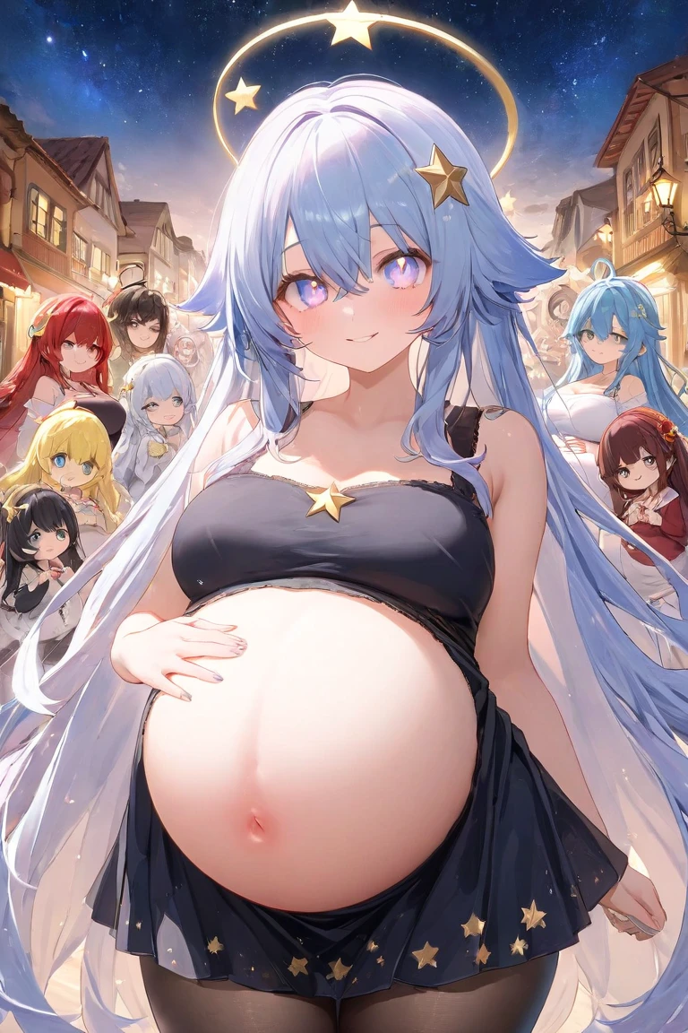 new Harem anime main visual style,pregnant girls wearing dress,happy,3 Pregnant girls,Tapestry of animated characters