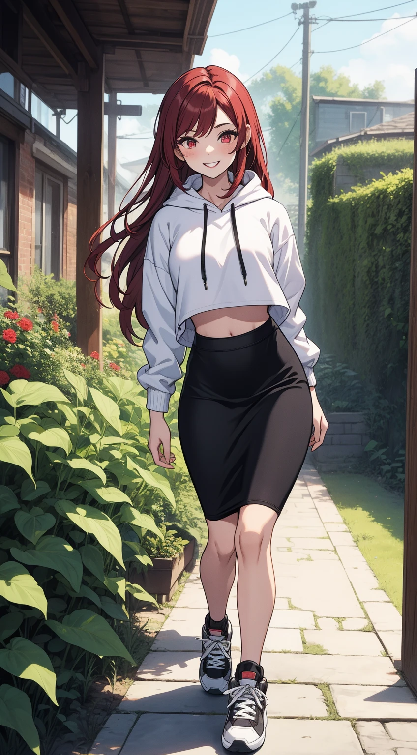 masterpiece, best quality, high detail, beautiful woman, wavy hair, dark red hair, white hoodie, black midi pencil skirt, long black pencil skirt, upper body, leather boots, looking at viewer, fall garden, leaves, sidewalk, backyard,