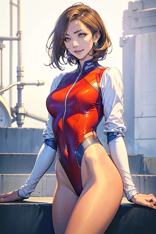 (Masterpiece, Best Quality, Highest Resolution, distinct_image): (Solo, full body figure, small breasts, sparkling blue colored eyes, pilot suit in red and white color, tight fit clothes, clothes covering the whole body, beauty, vivacious, lovely, slim body, exoskeleton, gundam pilot) Alisa Selezneva