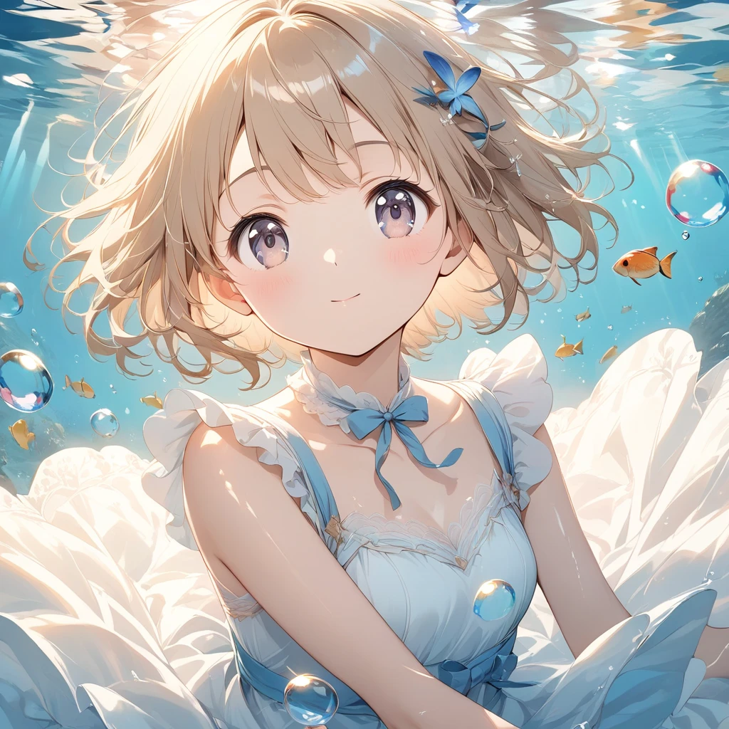 Verism, super detail, best quality, award winning, masterpiece　A woman, wear white blouse, Diving underwater,　Swim like a mermaid, The water shining overhead